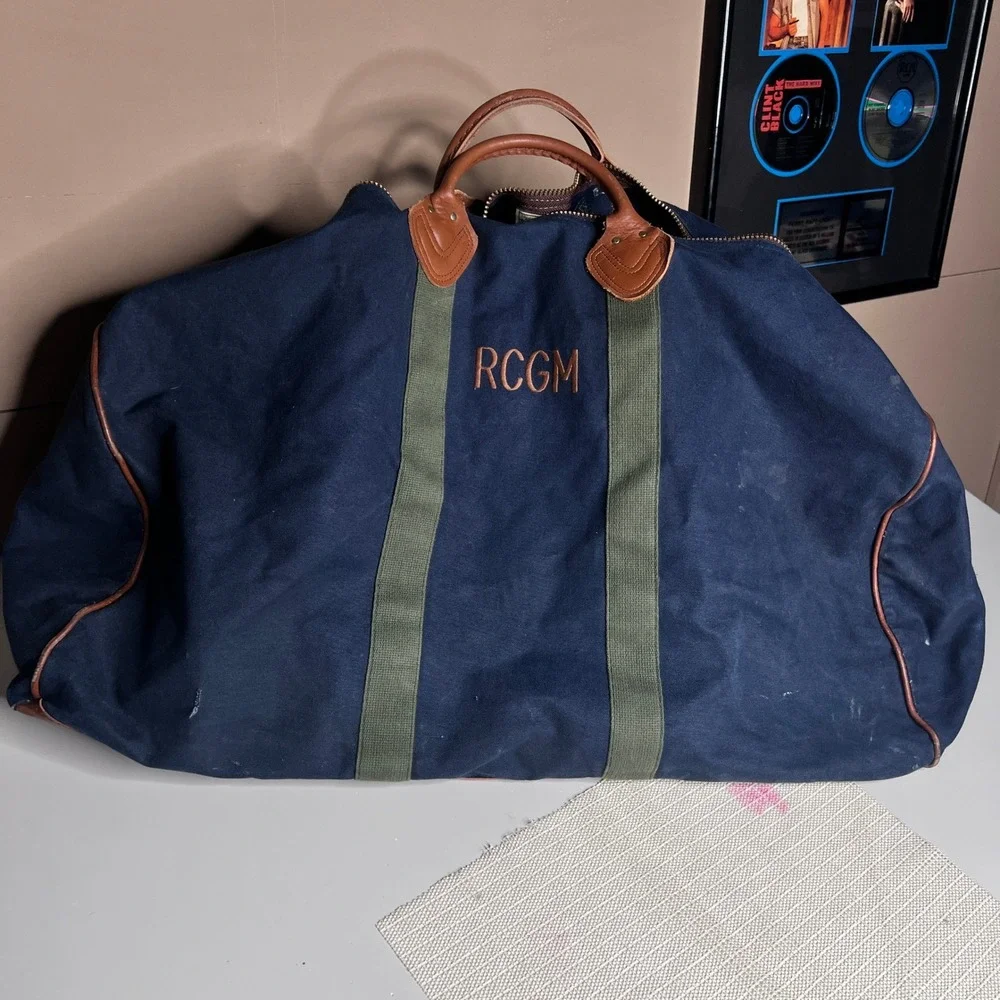 Vintage LL Bean Canvas Leather Duffle Bag Navy Blue Travel Weekend Bag RCGM